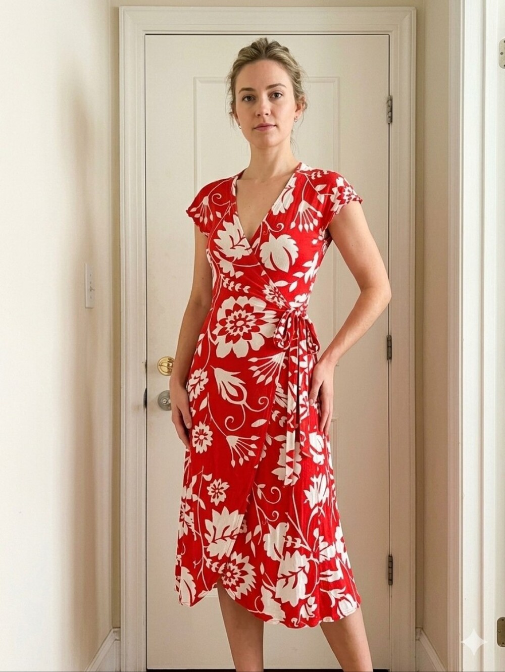 NWT Zara Red & White Floral Botanical Wrap Midi Dress - Size S